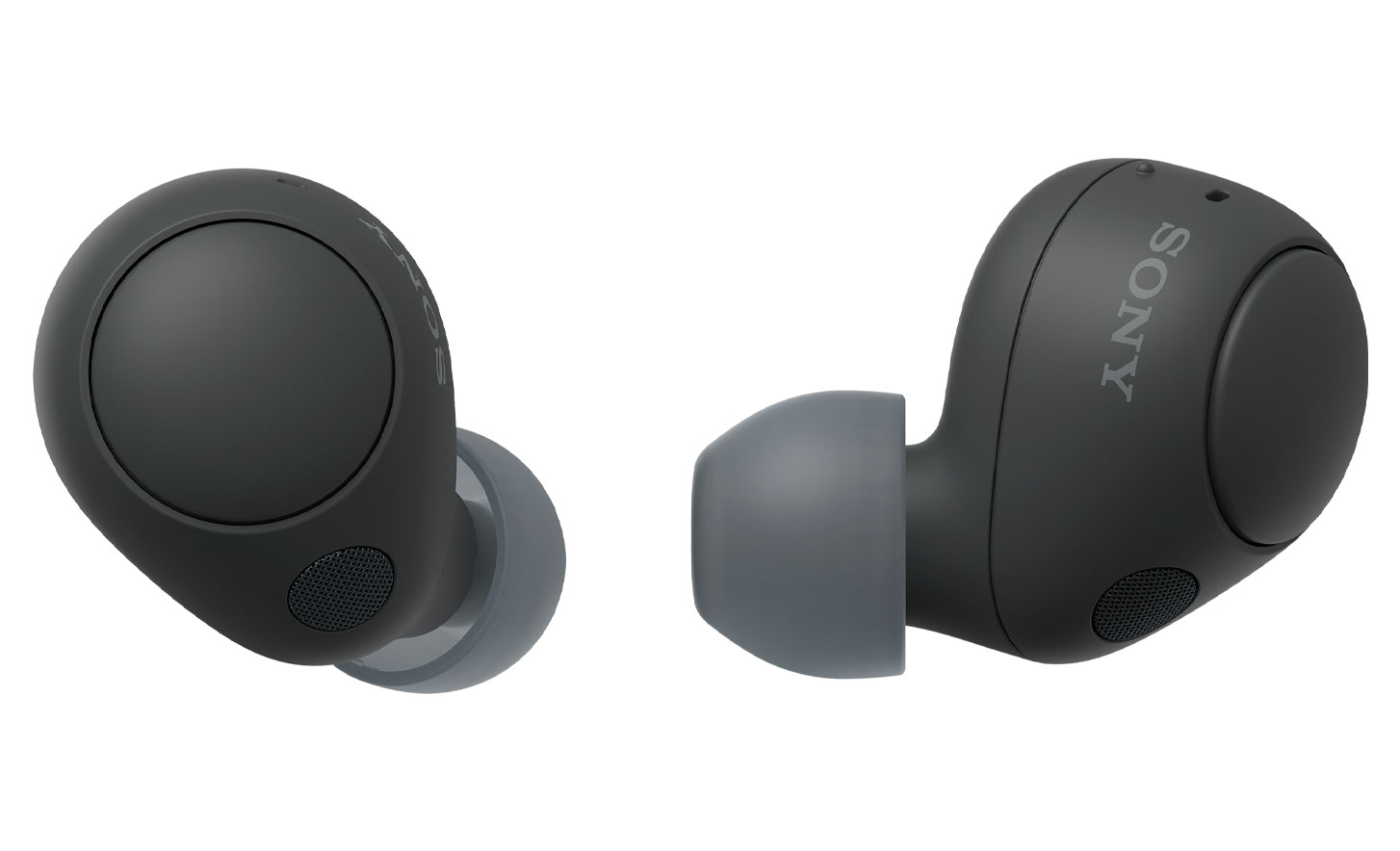 Close up image of the black WF-C700N headphones. One ear bud is shot from behind and the other is shot from the side 