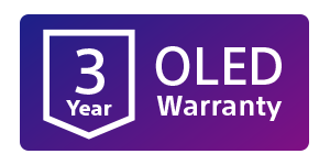 Purple logo that contains an image of a shield with the copy 3 yea OLED warranty
