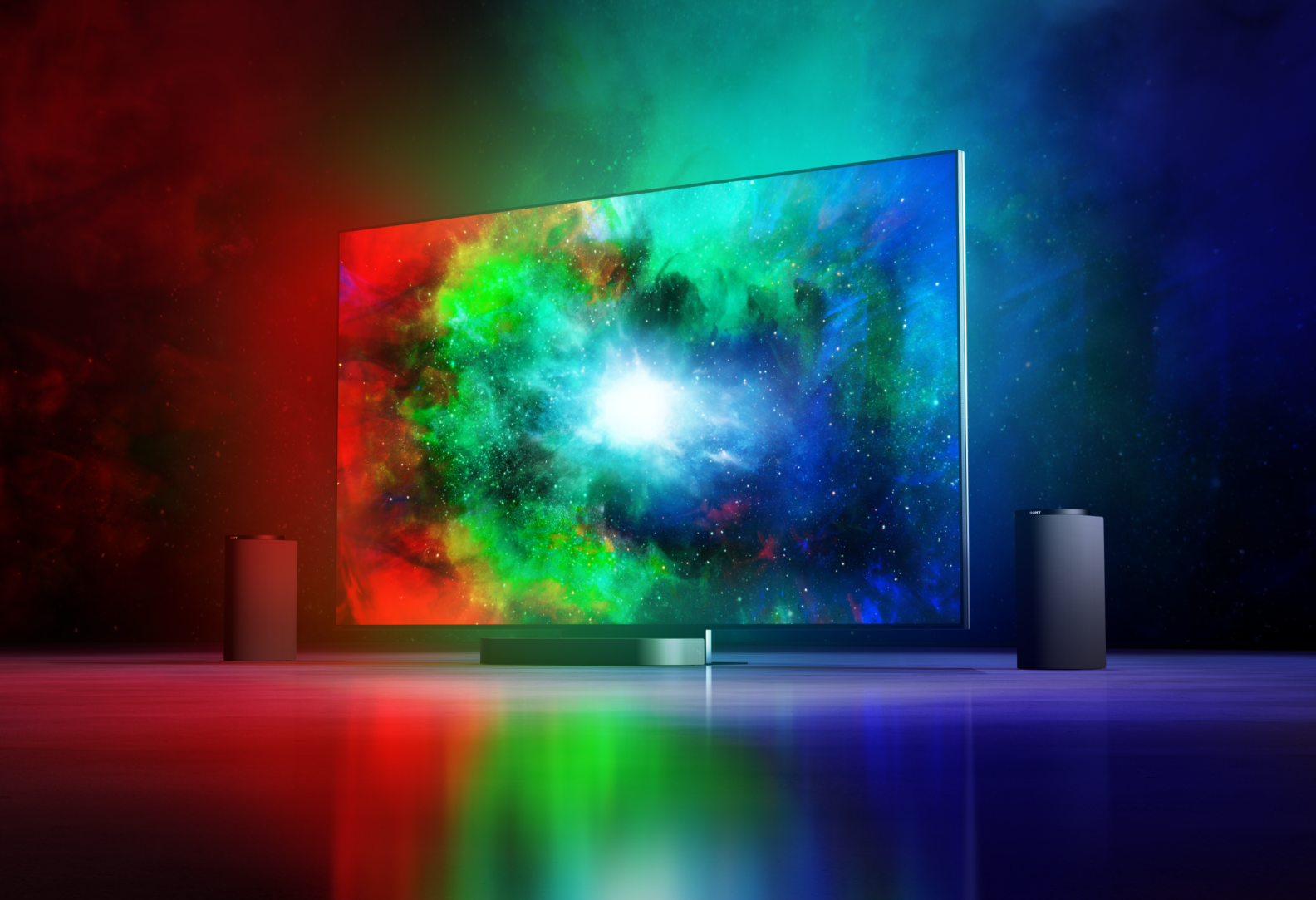New BRAVIA Theatre Trio & BRAVIA True RGB TV with colorful screen.